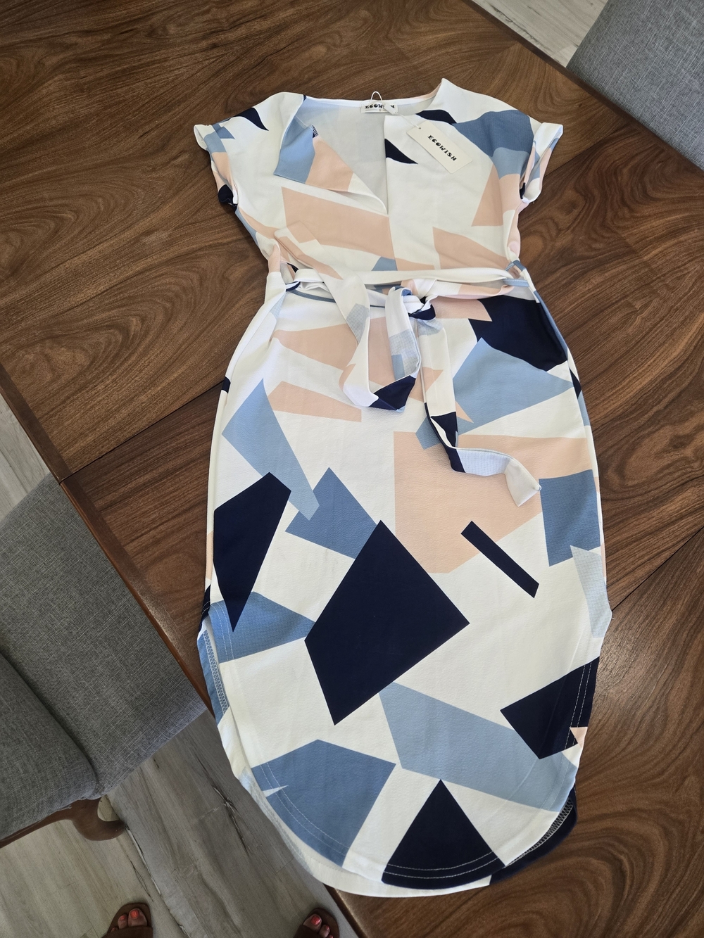 Wish Geometric Wrap Midi Dress - Navy, Light Blue & Blush
